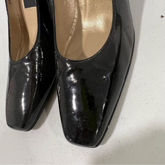 Stuart Weitzman Black Patent Leather Square Toe Block Heels Size 6.5 B - Picture 2 of 6